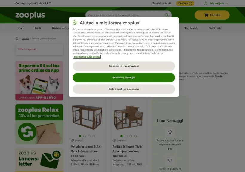 Schermata della pagina offerta di Zooplus