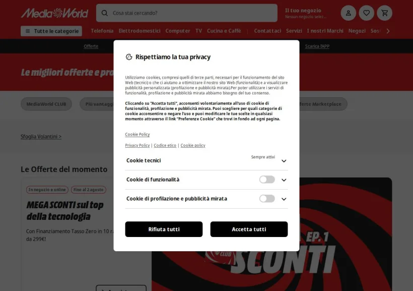 Schermata della pagina offerta di Mediaworld
