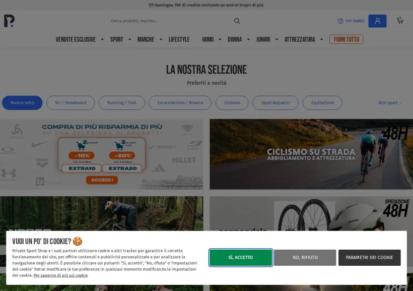Schermata della pagina offerta di Private Sport Shop