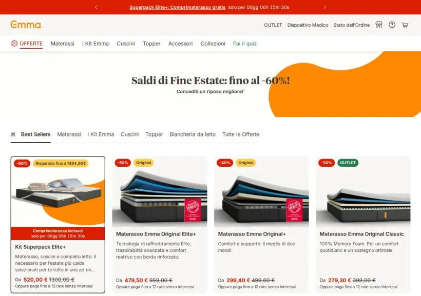 Schermata della pagina offerta di Emma Mattress