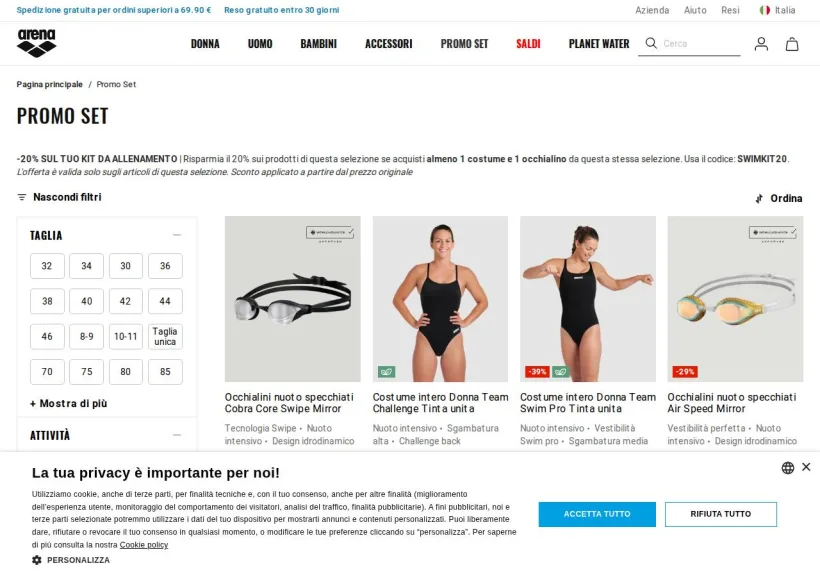 Schermata della pagina offerta di Arena Sport