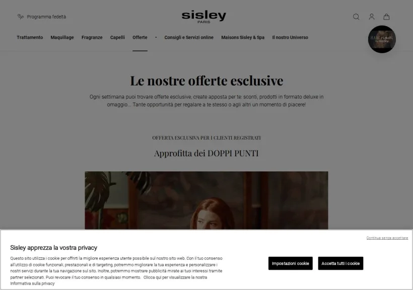 Schermata della pagina offerta di Sisley Paris