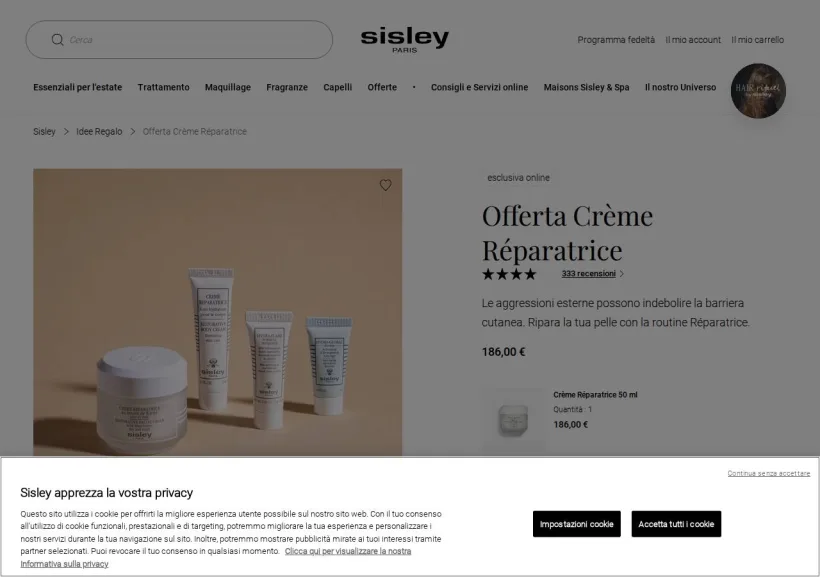 Schermata della pagina offerta di Sisley Paris