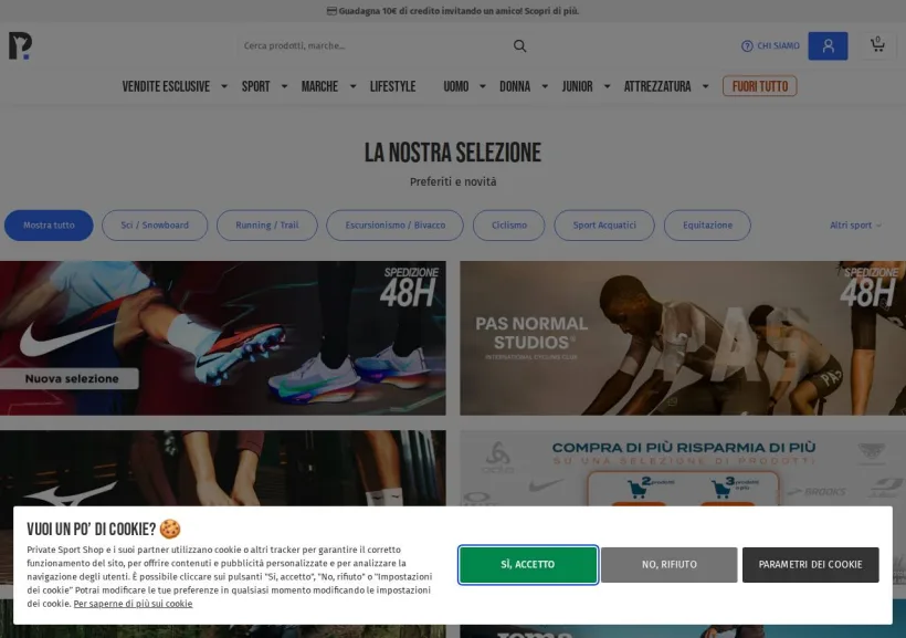 Schermata della pagina offerta di Private Sport Shop