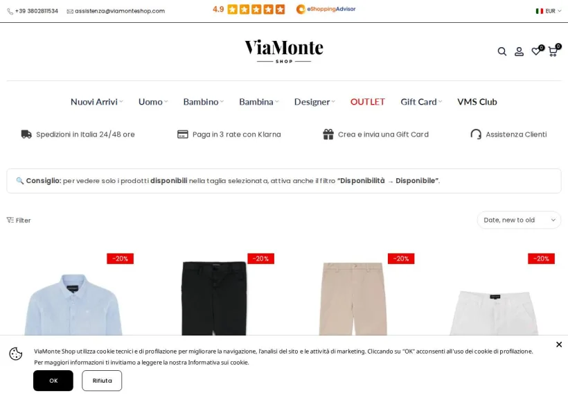 Schermata della pagina offerta di Via Monte Shop