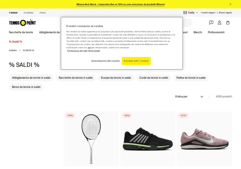 Schermata della pagina offerta di Tennis Point