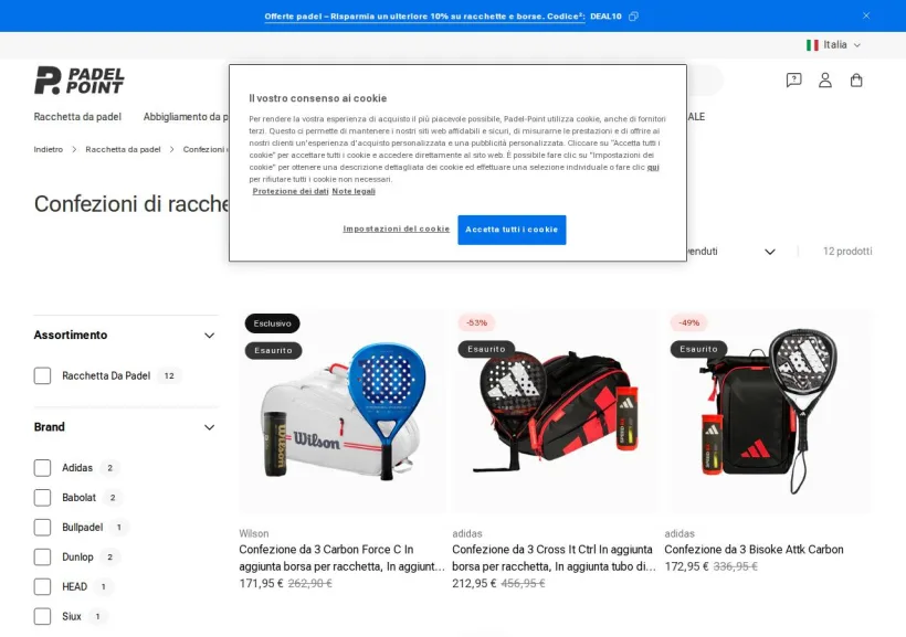 Schermata della pagina offerta di Padel-Point