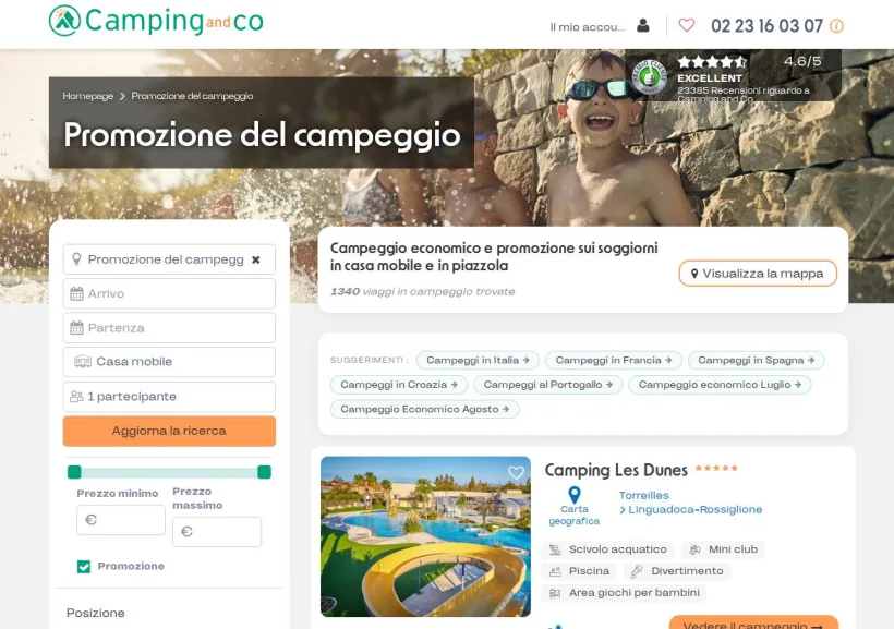 Schermata della pagina offerta di Camping and Co