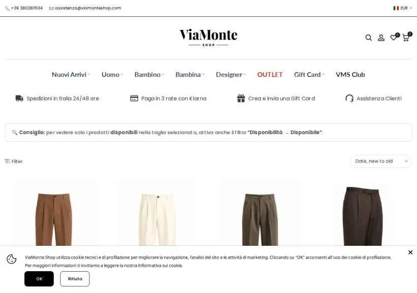 Schermata della pagina offerta di Via Monte Shop