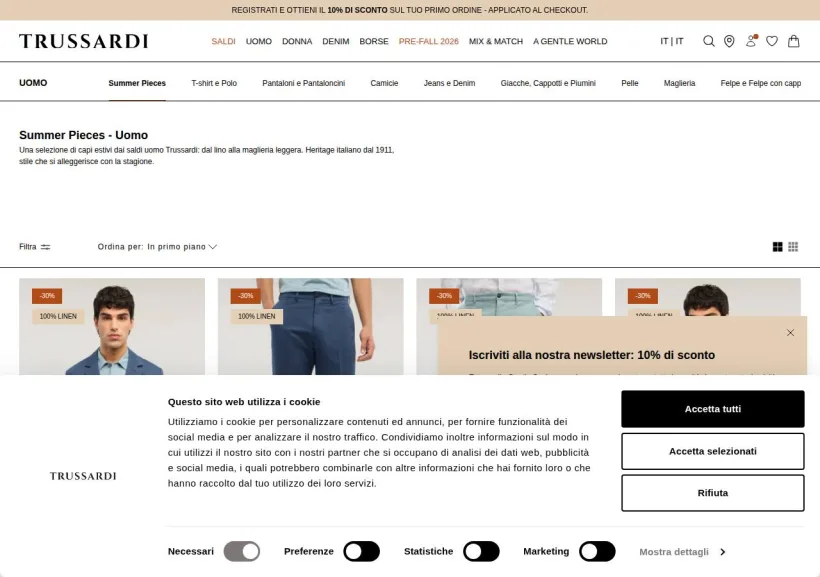 Schermata della pagina offerta di Trussardi