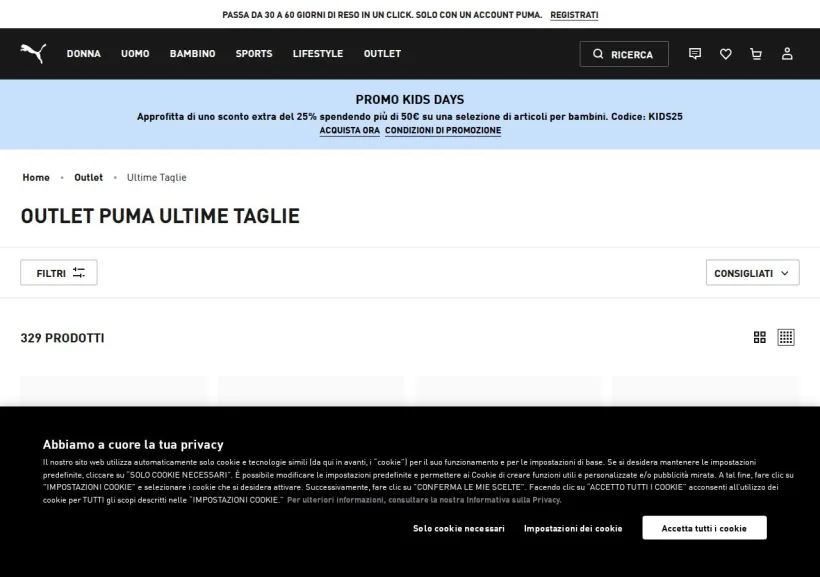 Schermata della pagina offerta di PUMA