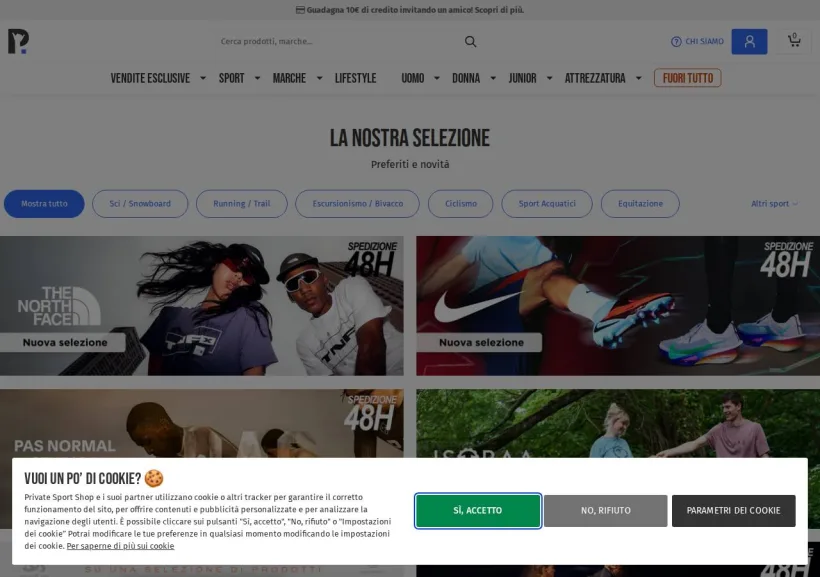 Schermata della pagina offerta di Private Sport Shop
