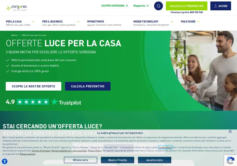 Schermata della pagina offerta di Sorgenia