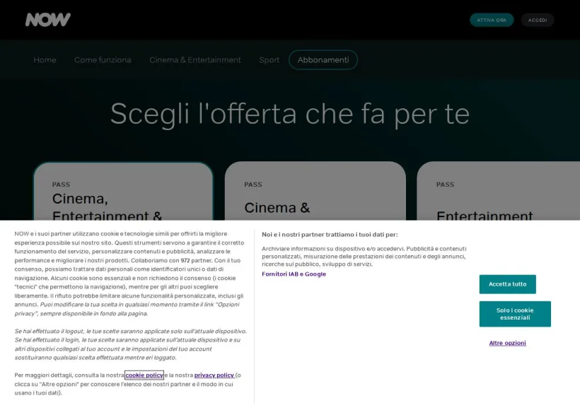 Schermata della pagina offerta di Now TV