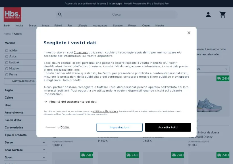 Schermata della pagina offerta di Handball-Store