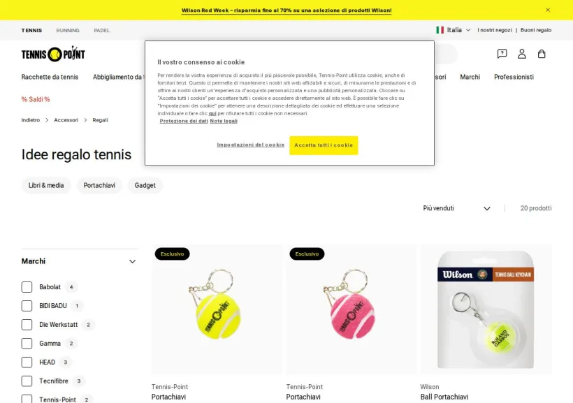 Schermata della pagina offerta di Tennis Point