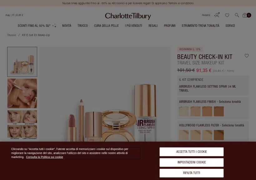 Schermata della pagina offerta di Charlotte Tilbury