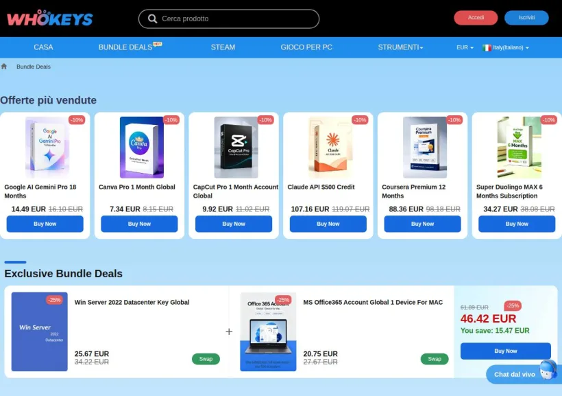 Schermata della pagina offerta di Whokeys