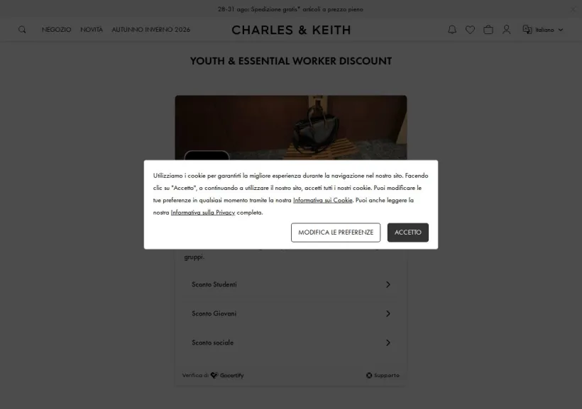Schermata della pagina offerta di Charles & Keith