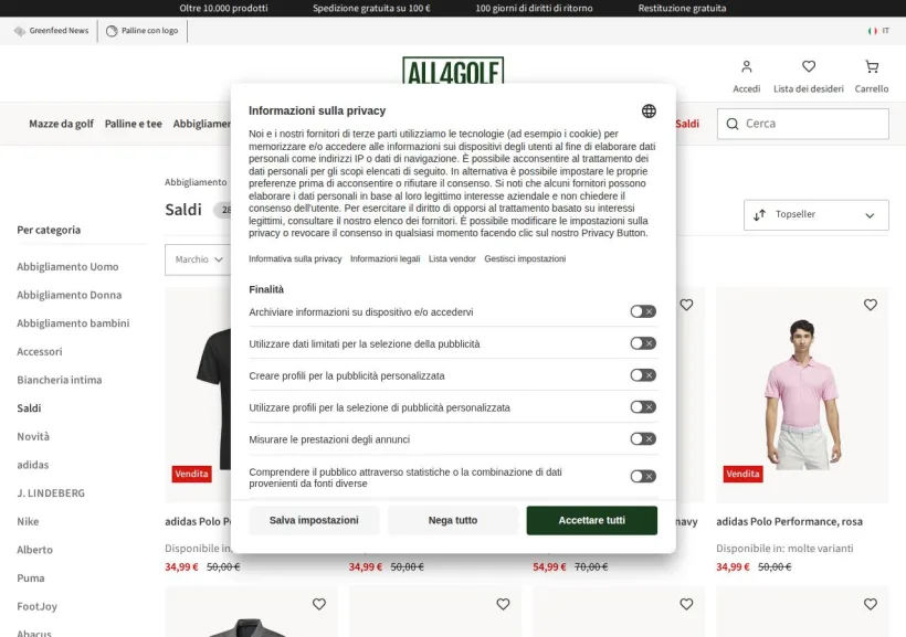 Schermata della pagina offerta di All4Golf