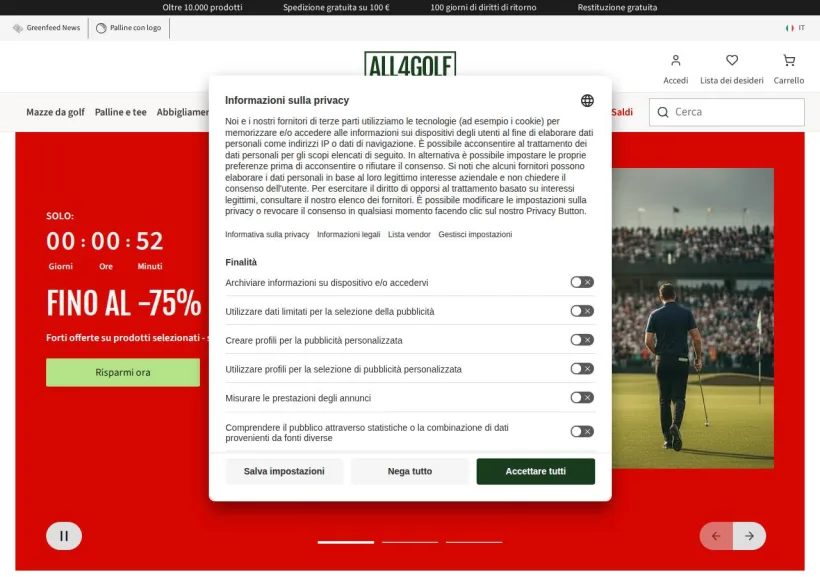 Schermata della pagina offerta di All4Golf