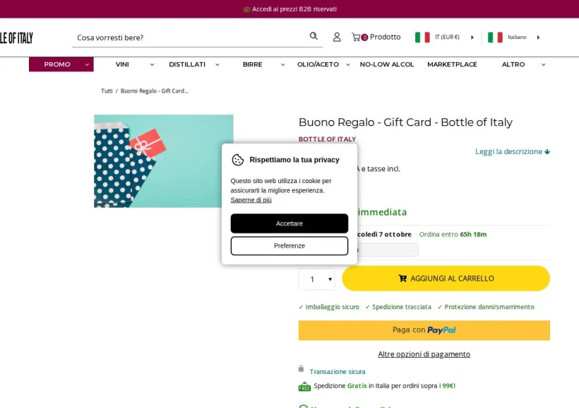 Schermata della pagina offerta di Bottle Of Italy