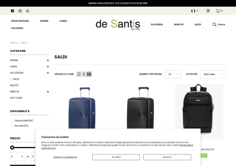 Schermata della pagina offerta di De Santis