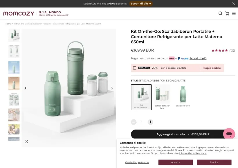 Schermata della pagina offerta di Momcozy