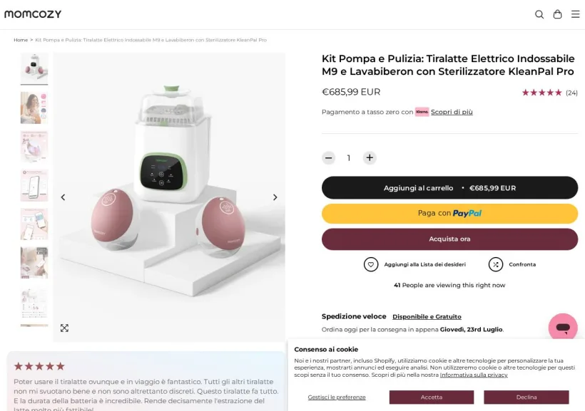 Schermata della pagina offerta di Momcozy