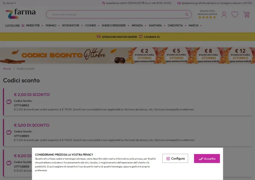 Schermata della pagina offerta di ZFARMA