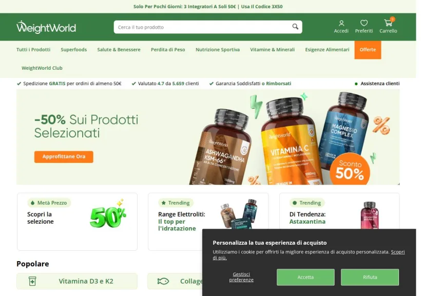 Schermata della pagina offerta di WeightWorld