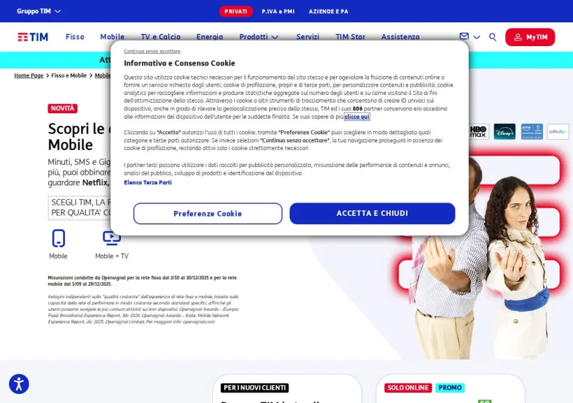 Schermata della pagina offerta di TIM