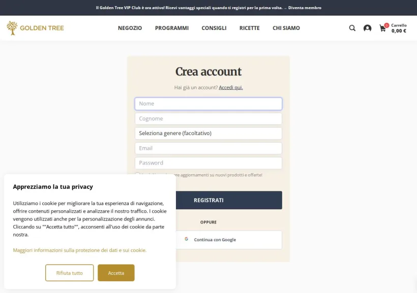 Schermata della pagina offerta di Golden Tree