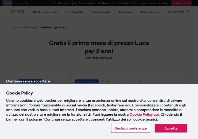 Schermata della pagina offerta di Enel