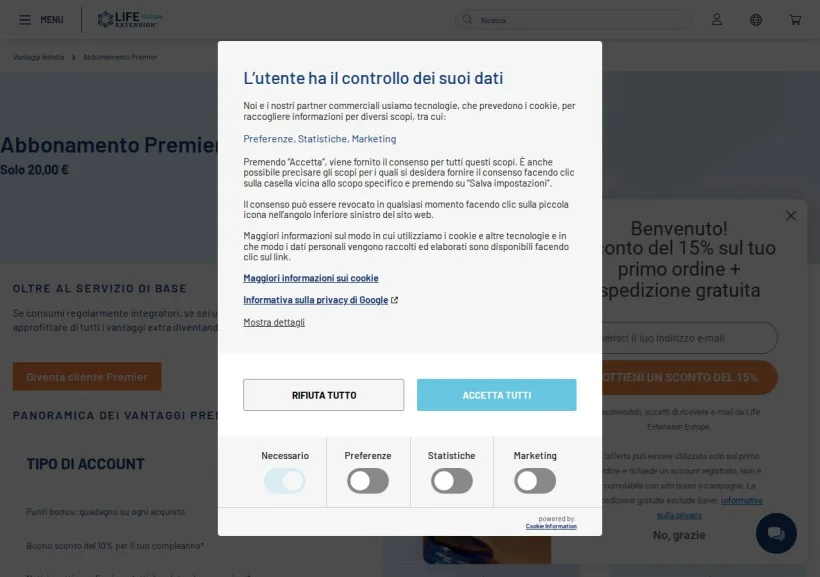 Schermata della pagina offerta di Life Extension