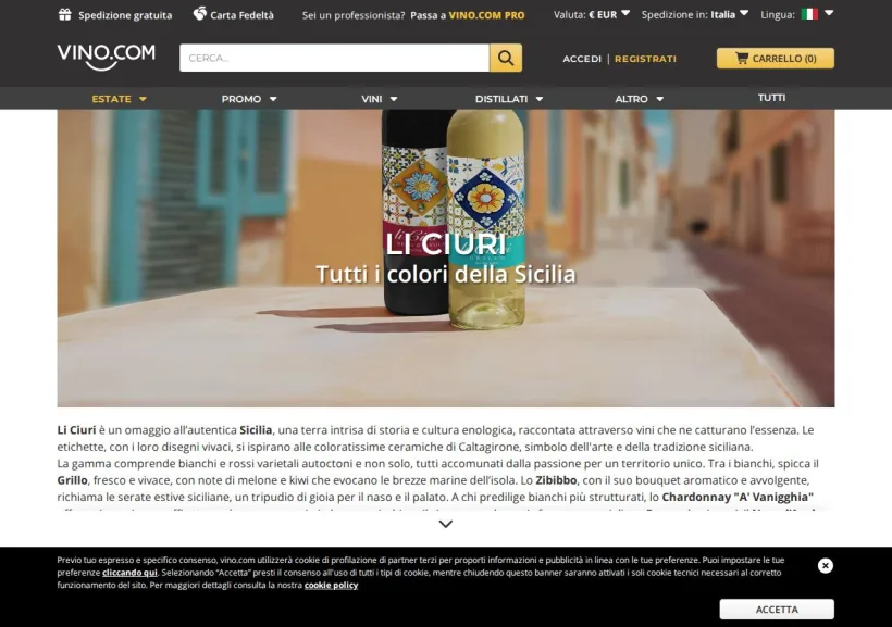 Schermata della pagina offerta di Vino.com