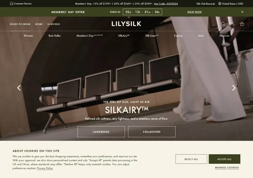 Schermata della pagina offerta di LILYSILK