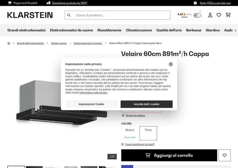 Schermata della pagina offerta di Klarstein