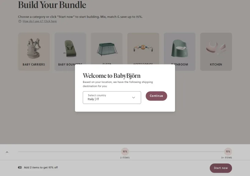 Schermata della pagina offerta di BabyBjörn