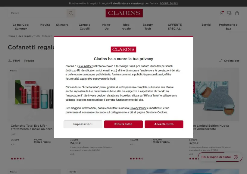 Schermata della pagina offerta di Clarins