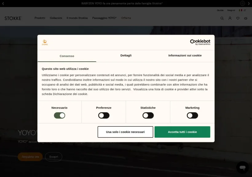 Schermata della pagina offerta di Stokke