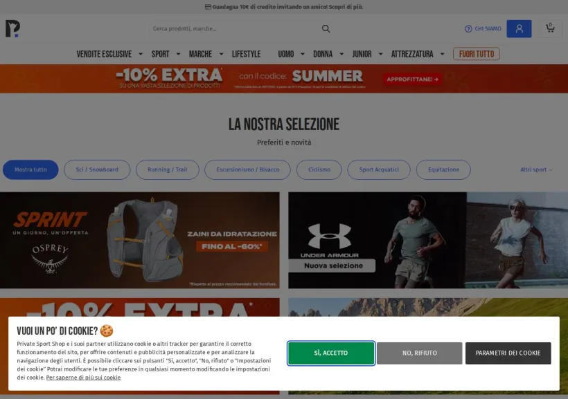Schermata della pagina offerta di Private Sport Shop