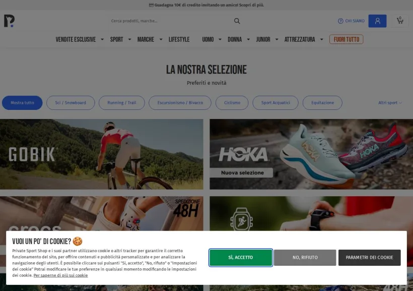 Schermata della pagina offerta di Private Sport Shop