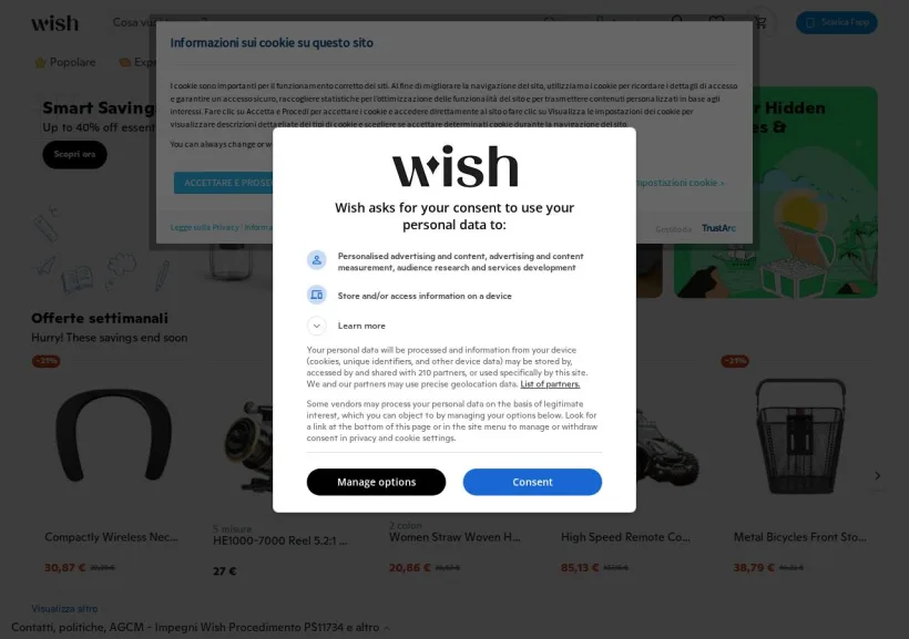 Schermata della pagina offerta di Wish