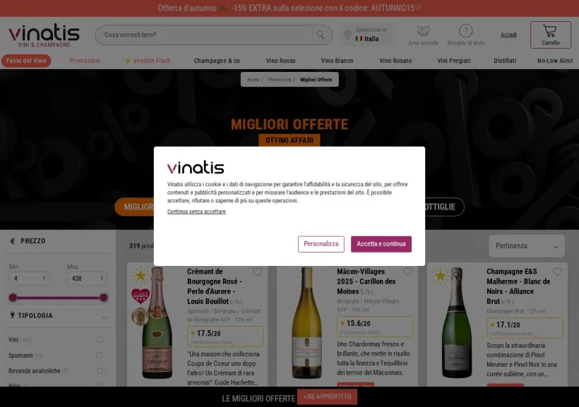 Schermata della pagina offerta di Vinatis