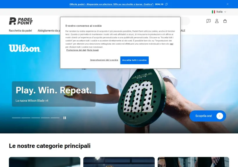 Schermata della pagina offerta di Padel-Point