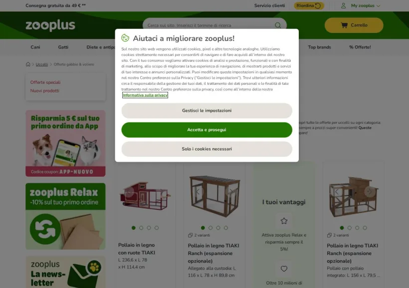 Schermata della pagina offerta di Zooplus