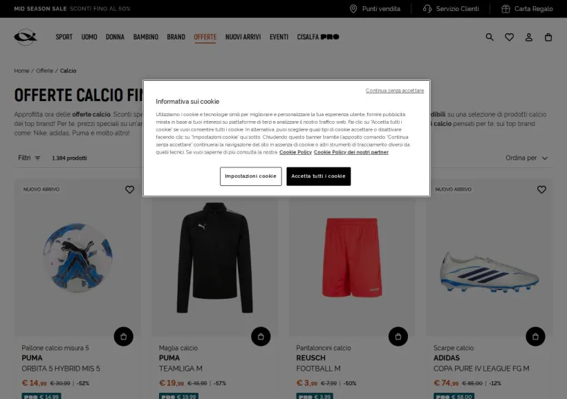 Schermata della pagina offerta di Cisalfa