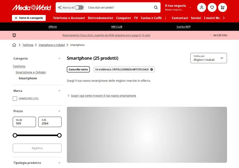Schermata della pagina offerta di Mediaworld