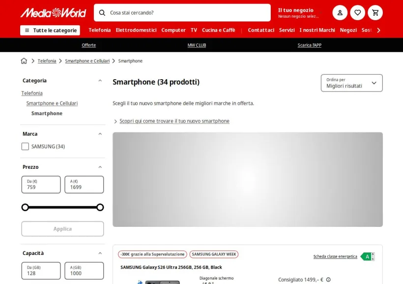 Schermata della pagina offerta di Mediaworld